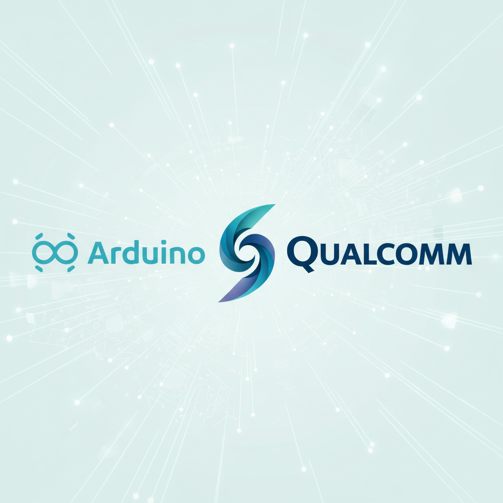 A stylized infographic showing the Arduino logo merging with the Qualcomm logo, symbolizing a new partnership or acquisition. The background should be clean and futuristic, with subtle electronic circuit patterns. No text in image, clean infographic style.