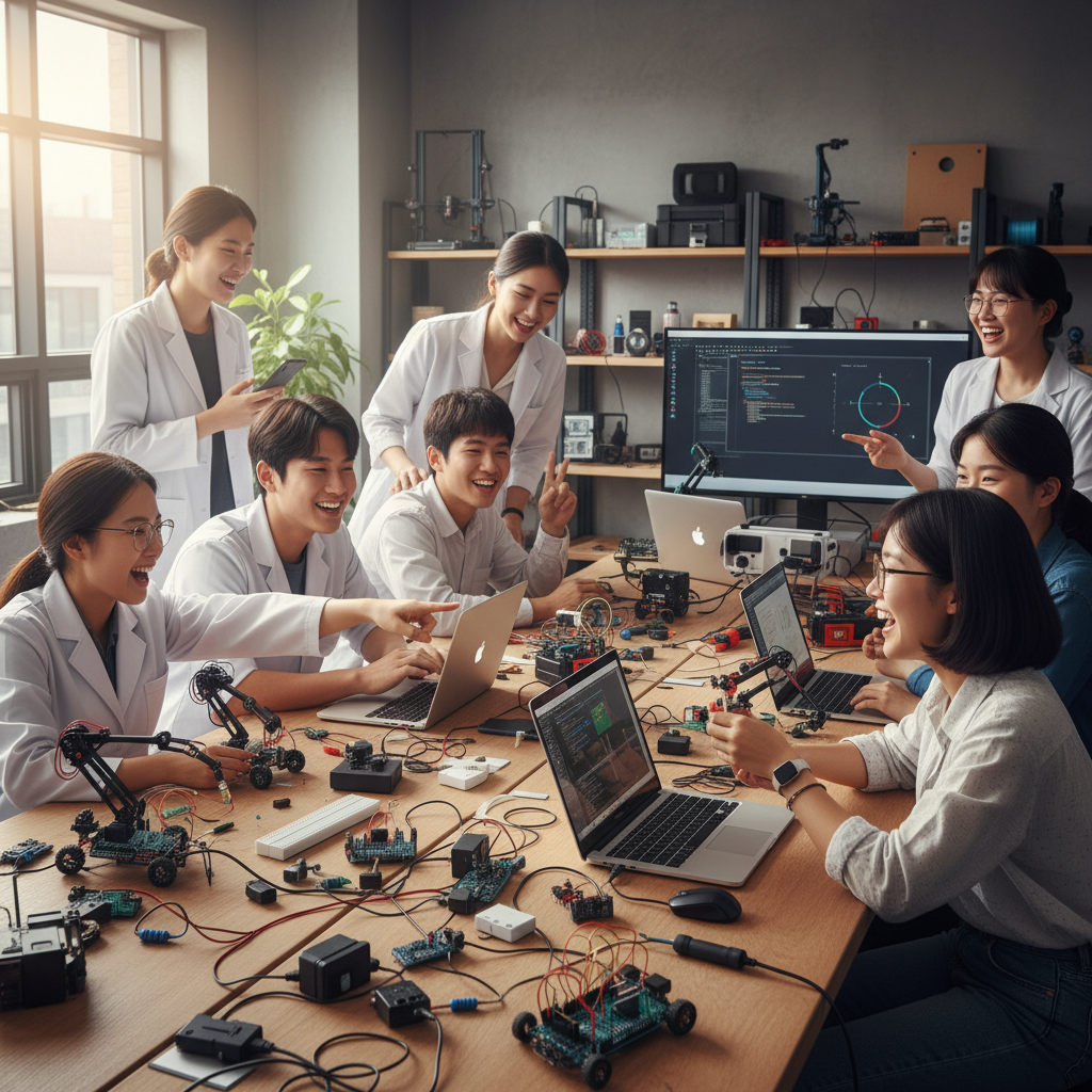A vibrant lifestyle photography image showing a diverse group of Korean individuals (students, engineers, hobbyists) collaboratively working on various Arduino projects. They are smiling and engaged, surrounded by electronic components, laptops, and prototype devices in a modern workshop setting. Natural lighting, no text.