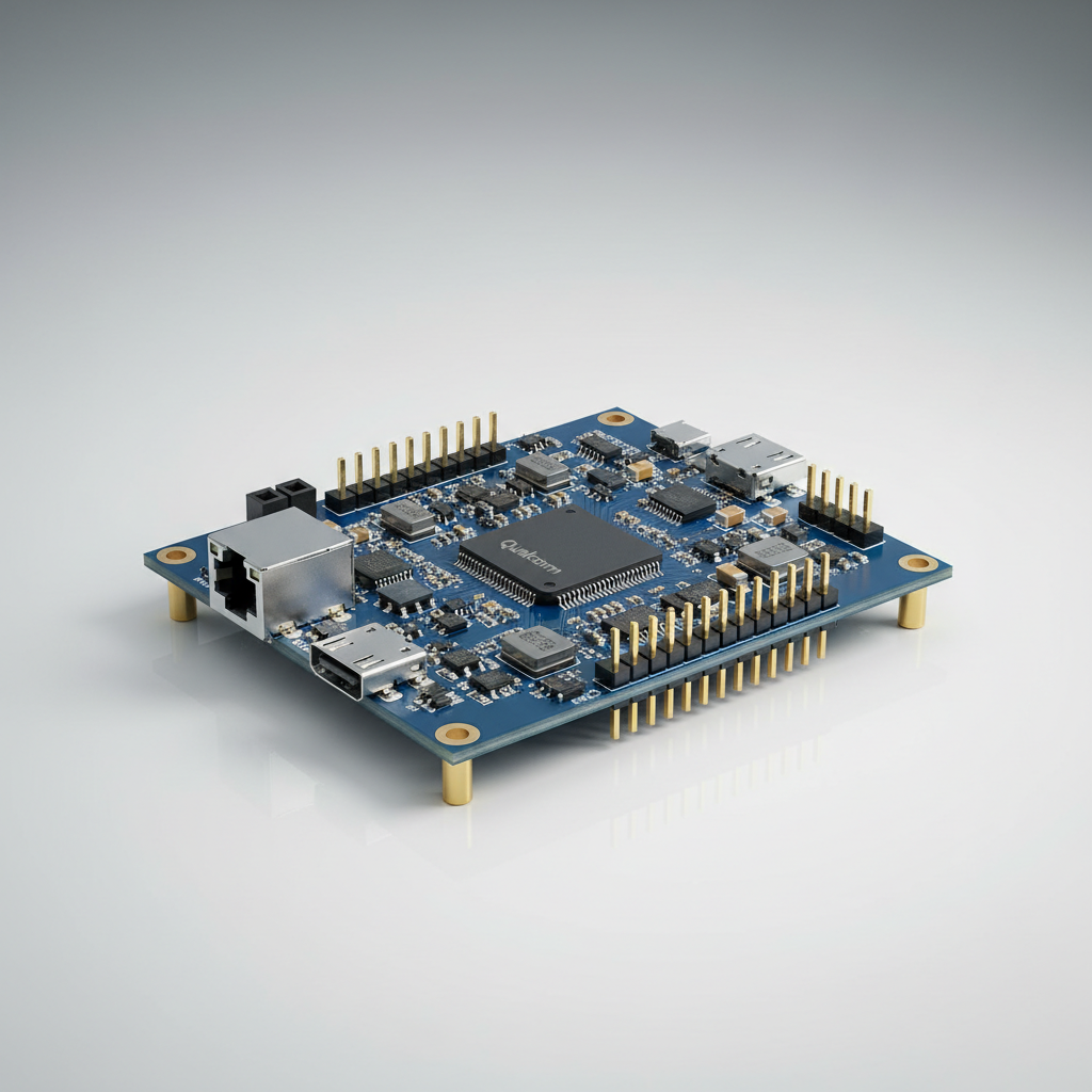 A high-detail, clean product photography shot of a sleek, modern single-board computer, similar to an Arduino Uno Q. Clearly visible Qualcomm chip and other components. The board should be well-lit against a minimalist background, emphasizing its advanced features. No text.