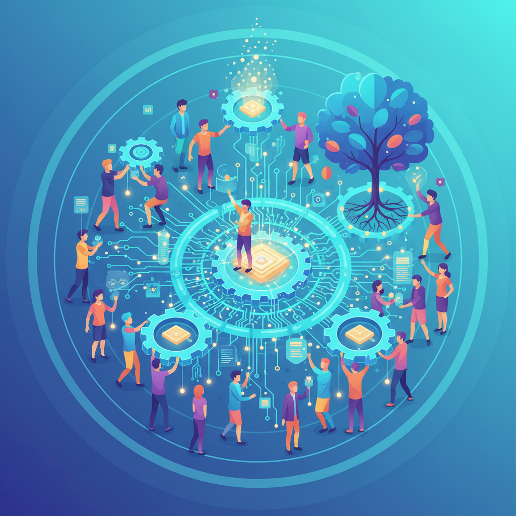 An illustrative image depicting the concept of an open-source community's strength and continuity. Interconnected gears or a network of glowing lines representing collaborative development, with a diverse group of abstract figures contributing. Emphasize growth and shared knowledge, vibrant colors, clean illustration style. No text.
