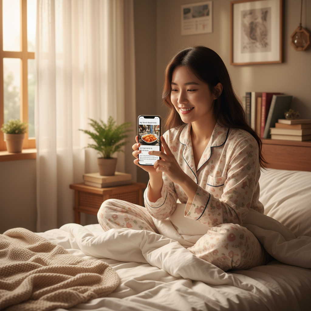 A Korean person waking up in the morning, holding a smartphone, and happily checking a blog post that was automatically published overnight. The screen shows a well-formatted blog with an image. The room is cozy with soft morning light. Lifestyle photography, no text.