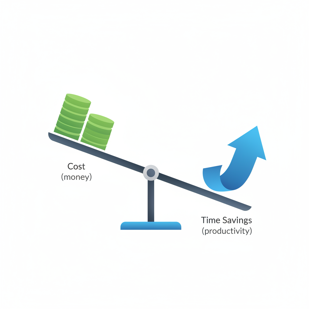 A modern infographic showing a balance scale with "Cost (money)" on one side and "Time Savings (productivity)" on the other, with the time savings side weighing down more heavily. Clean, minimalist infographic style, no text.