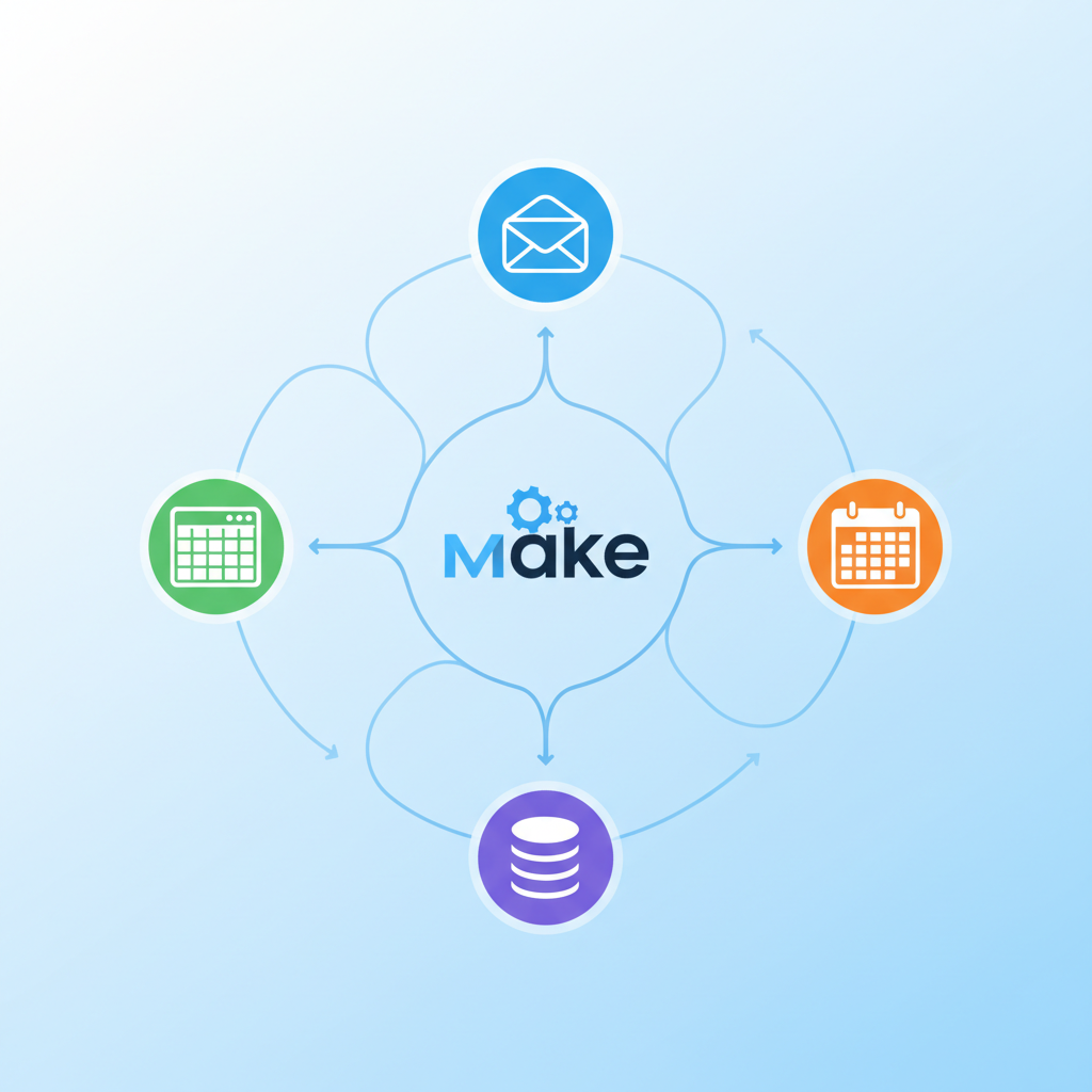 A clean infographic showing various apps (like a spreadsheet, email, calendar, and a database icon) connected by lines to a central "Make" logo, all streamlined and automated. The background is bright and modern, suggesting efficiency and ease. No text. Style: clean infographic.