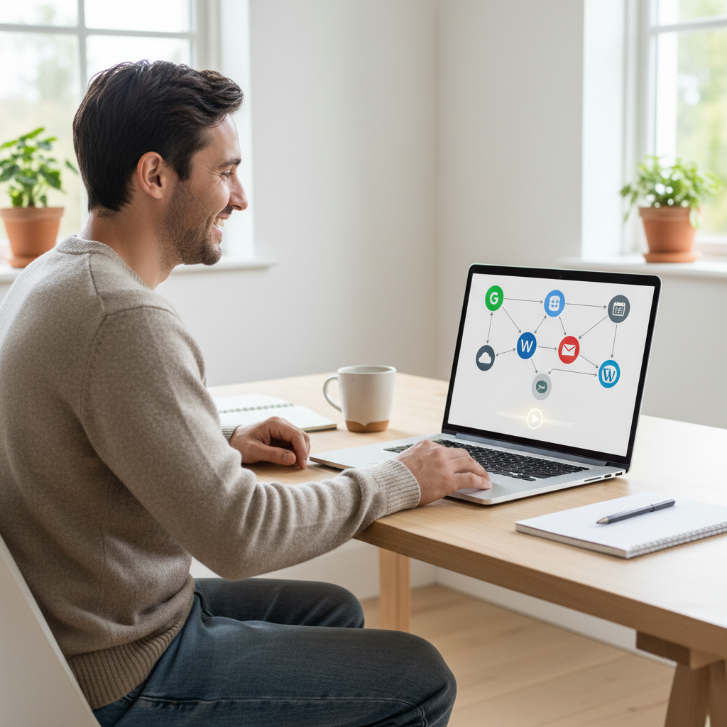 A person happily sitting at a desk, looking at a laptop screen which displays a visual flow chart of interconnected applications (like Google Sheets, Gmail, WordPress icons). The person has a relieved or satisfied expression, representing successful automation. The environment is modern and clean. Style: lifestyle photography. No text.