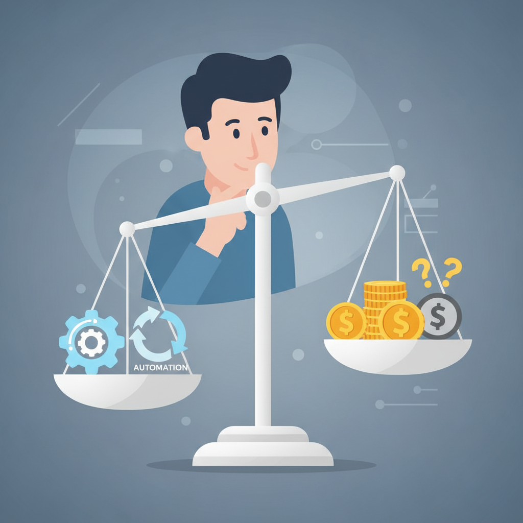 A person looking thoughtfully at a balanced scale. On one side of the scale are icons representing "Make" benefits (ease of use, automation), and on the other side are coins or dollar signs representing "cost" and "complexity" when expanding. The background is clean and professional. Style: clean infographic. No text.