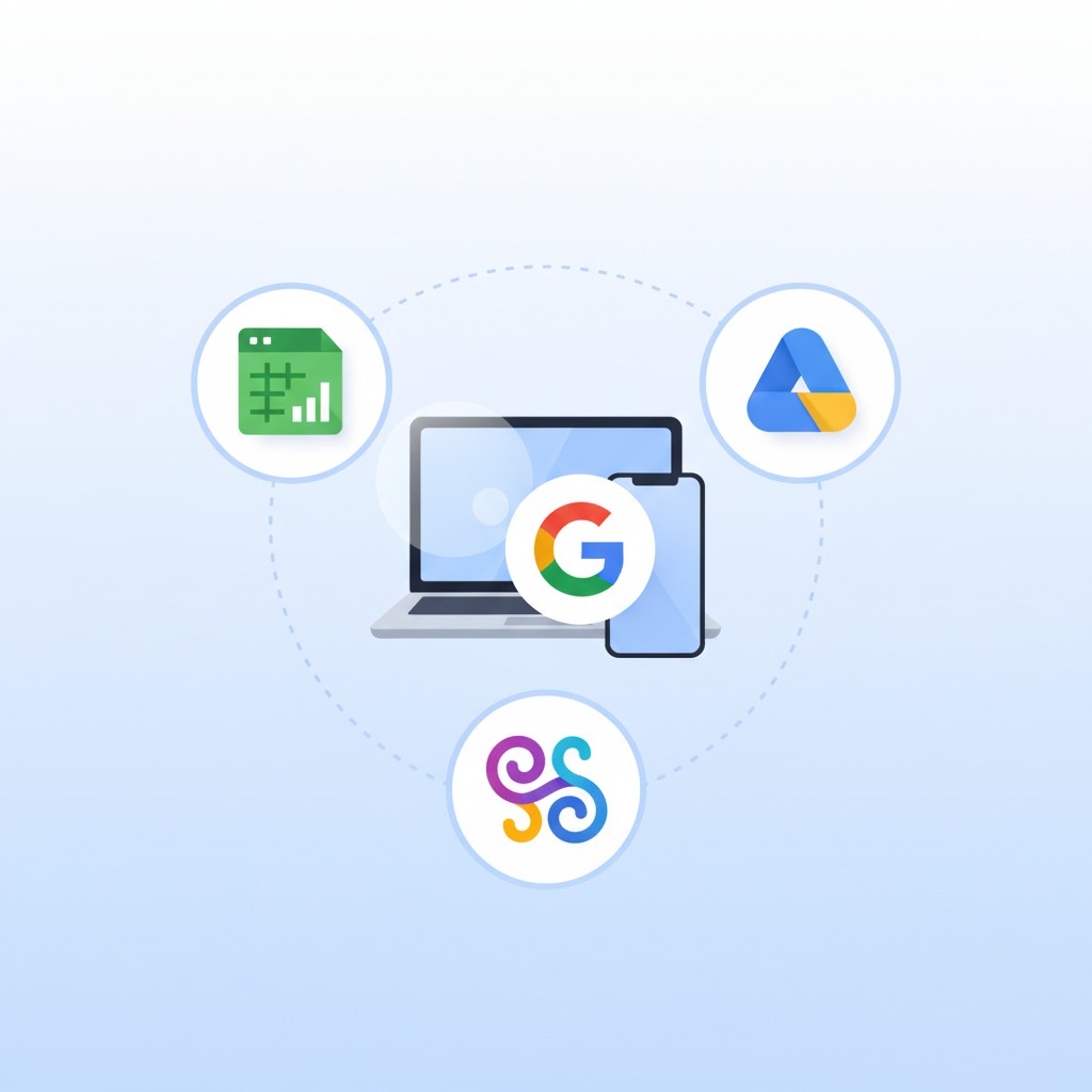 An infographic illustration showing essential items for digital productivity: a laptop, a smartphone, and a Google account icon in the center, surrounded by icons of Google Sheets, Google Drive, and Gemini AI. The overall style is clean and informative with a friendly touch, no text.