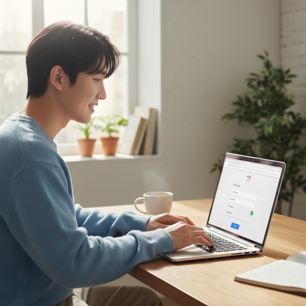 A Korean person sitting at a desk with a laptop, looking engaged while filling out an online form on the screen. The screen subtly displays elements of a Google account creation page. The atmosphere is bright and focused, depicting the ease of the process. Style: lifestyle photography, no text.