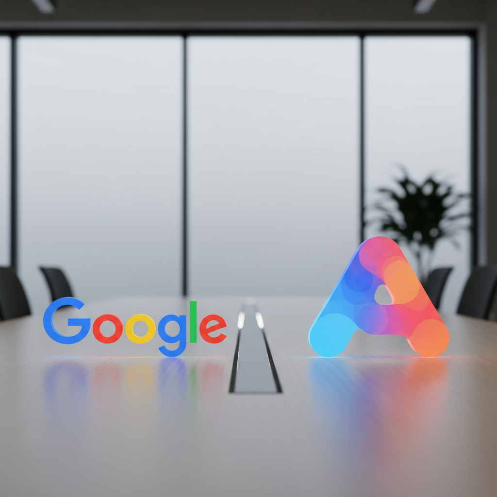 Two distinct brand logos, one for Google and one for Airtable, are depicted side-by-side on a clean, modern desk surface. The setting suggests a choice or comparison, with a neutral background emphasizing the logos. Style: clean product photography, no text.