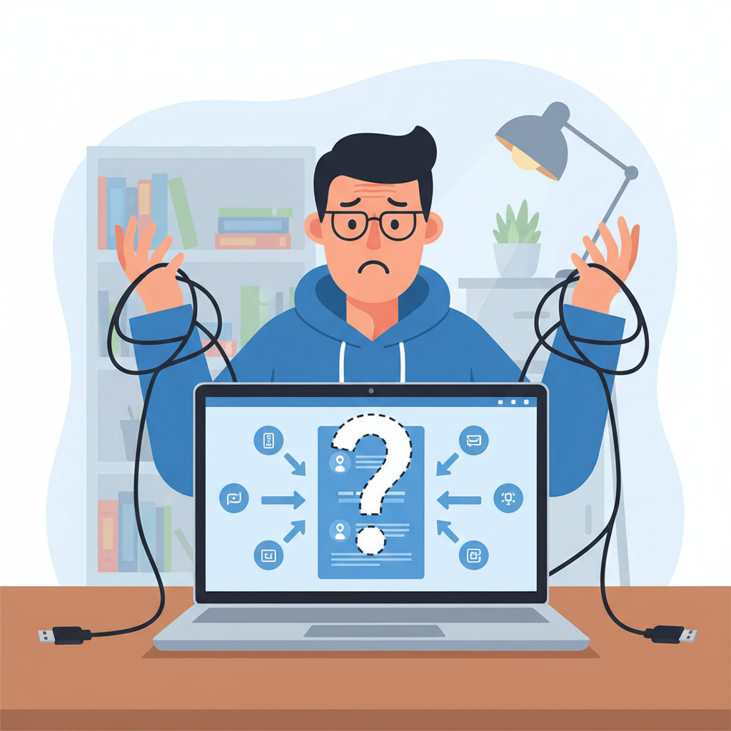 A user looking confused and frustrated while trying to set up Windows 11 on a laptop, with a large question mark overlaying the screen. The background shows a modern home office setting. Style: clean infographic. No text.