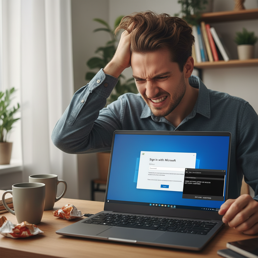 A user looking exasperated at a Windows 11 setup screen, displaying a login prompt that requires a Microsoft account. A command prompt window is open but shows an error message. The user is sitting in front of a modern laptop. Style: lifestyle photography. No text.
