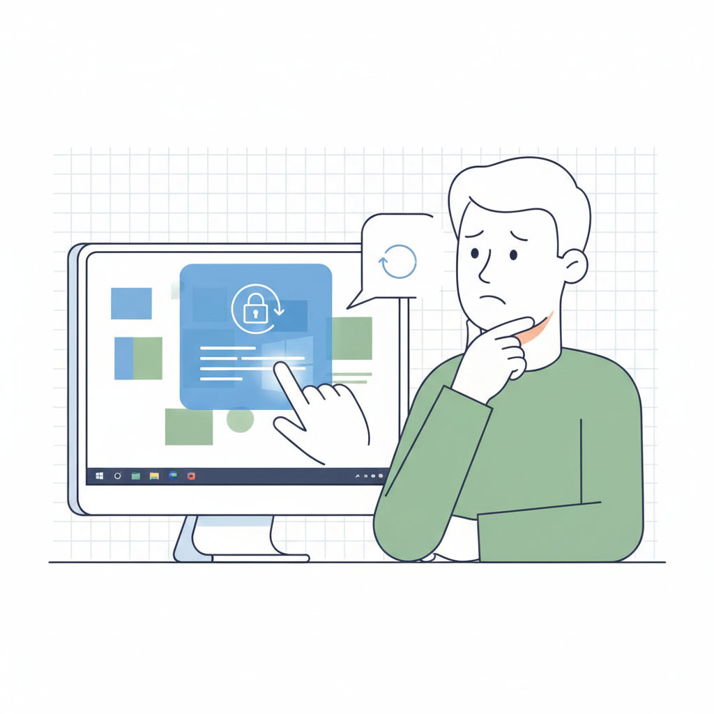 A user interacting with a Windows 10 desktop screen, where a pop-up or notification is prompting them to log in with a Microsoft account to enroll in the ESU program. The user has a thoughtful expression. Style: clean infographic. No text.