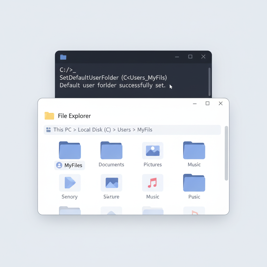 A simplified visual representation of a user's file explorer in Windows 11, showing a neatly named user folder like "User" or "MyFiles." A command prompt window is open in the background, showing a "SetDefaultUserFolder" command being executed. Style: clean, modern UI infographic. No text.