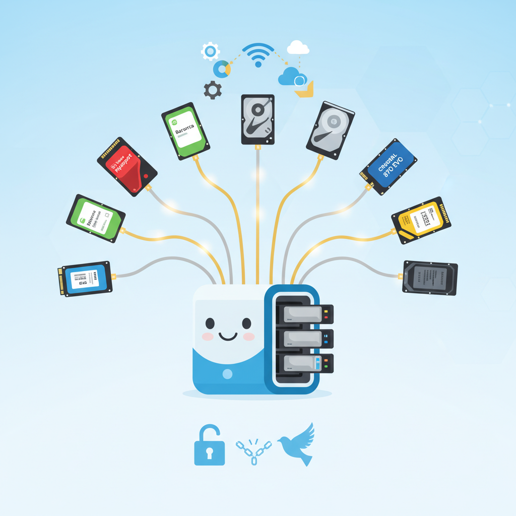 An illustration depicting a Synology NAS device happily integrating various third-party hard drives and SSDs, symbolizing freedom and compatibility. The drives are diverse in brands, seamlessly connecting to the NAS. Style: clean infographic. No text.
