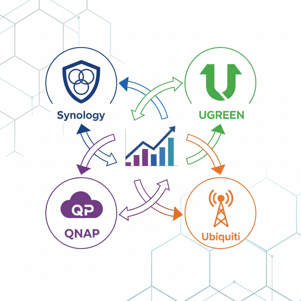 An infographic showing various NAS brands like Synology, QNAP, UGREEN, and Ubiquiti competing in a marketplace, symbolized by interconnected arrows and growth charts. Each brand has its unique icon. Style: modern infographic. No text.