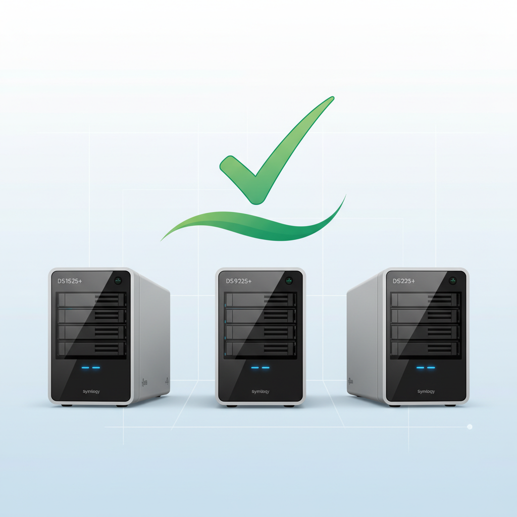 A stylized image of several Synology DiskStation NAS models (e.g., DS1525+, DS925+, DS225+) in a row, with a green checkmark above them, indicating "support for non-validated third-party drives." Focus on the '25 series. Style: clean, product-focused illustration. No text.