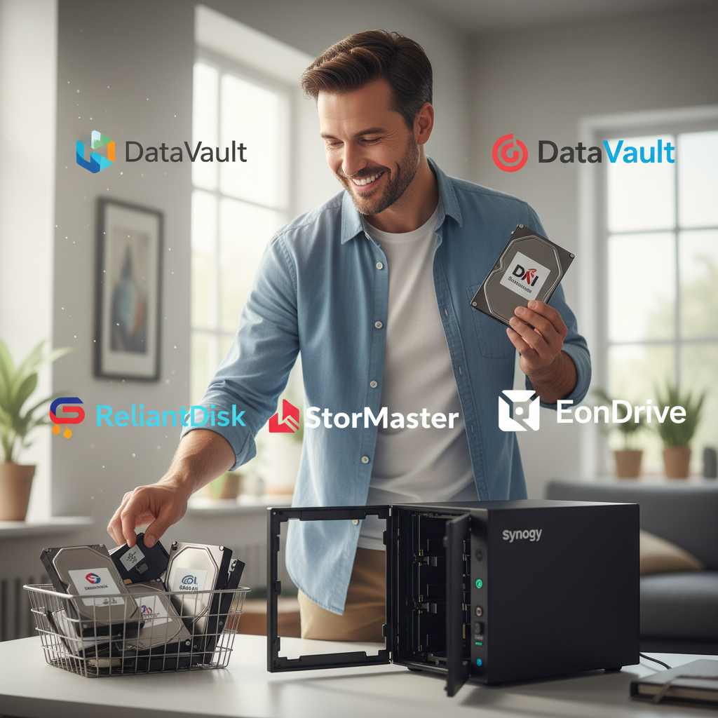 A person smiling while confidently choosing different branded hard drives to install into their Synology NAS. The drives are clearly labeled with various brand logos (not real ones, generic representations). The atmosphere is bright and positive, indicating freedom and choice. Style: lifestyle photography. No text.