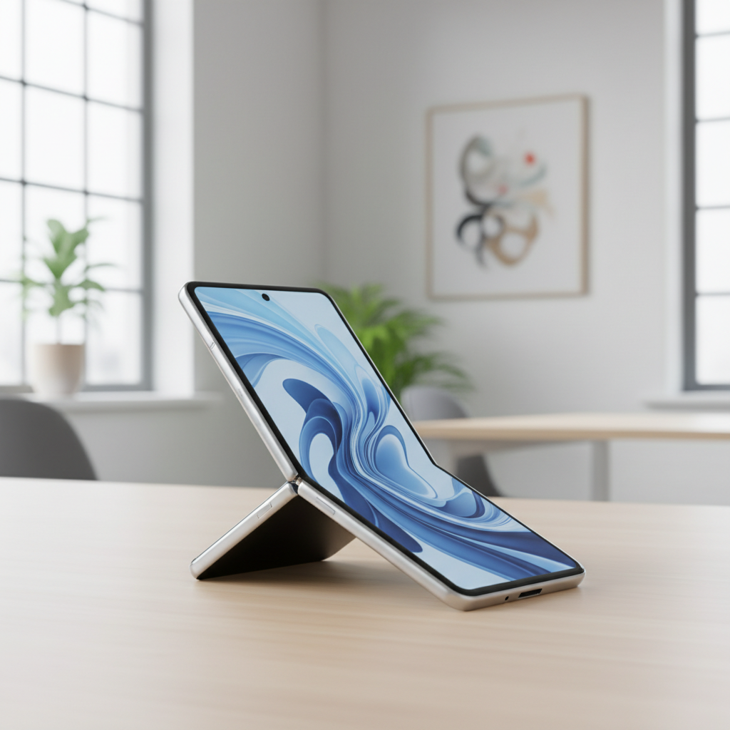 A sleek, modern Google Pixel 10 Pro Fold device, half-folded on a clean desk, with a subtle glow around its refined hinge. The background is a bright, minimalist office setting. Lifestyle photography, no text.