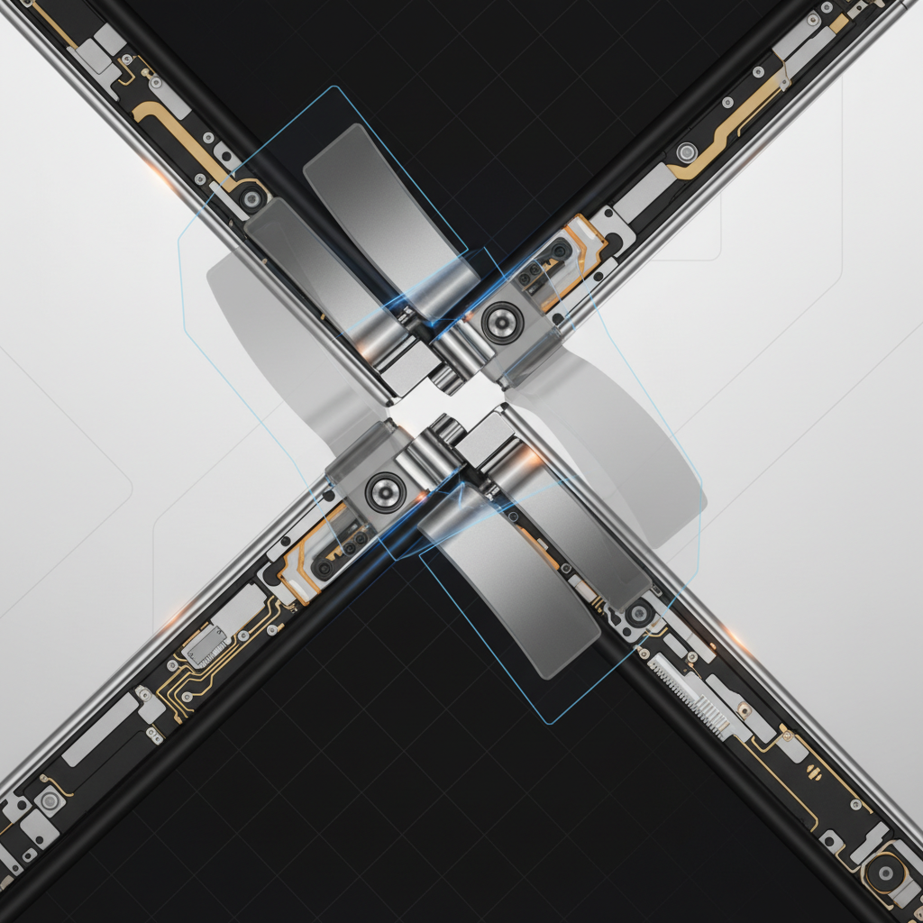 A close-up, detailed shot of the gearless hinge mechanism of the Google Pixel 10 Pro Fold, highlighting its robust and seamless design. The phone is slightly open, showing the hinge from an engineering perspective. Style: clean infographic with metallic textures, no text.