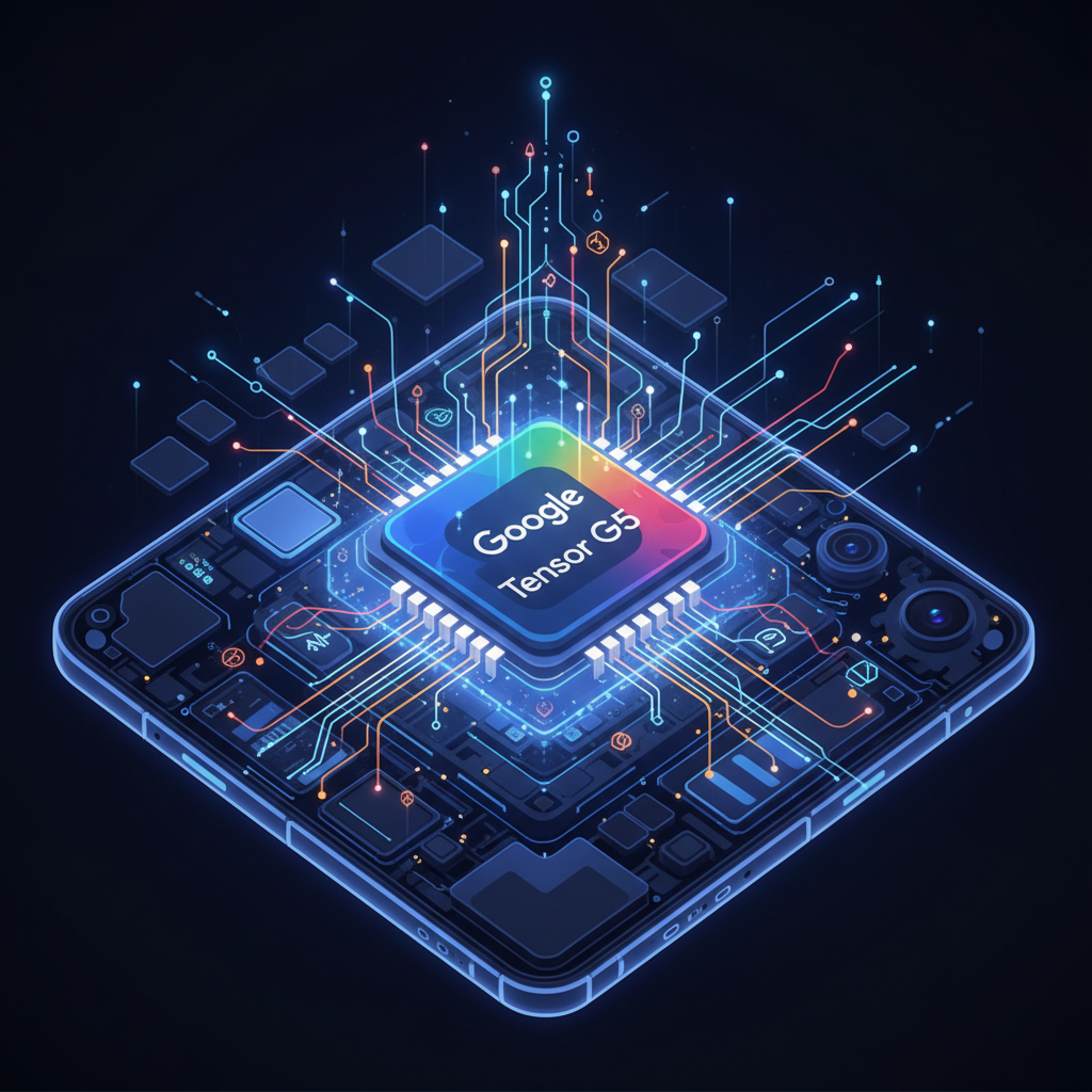 A futuristic, stylized infographic visualizing the Google Tensor G5 chip inside a Pixel 10 Pro Fold. Neural network lines and AI-related symbols are subtly integrated into the chip's design, emphasizing smart processing. Colors: Google brand palette. No text.