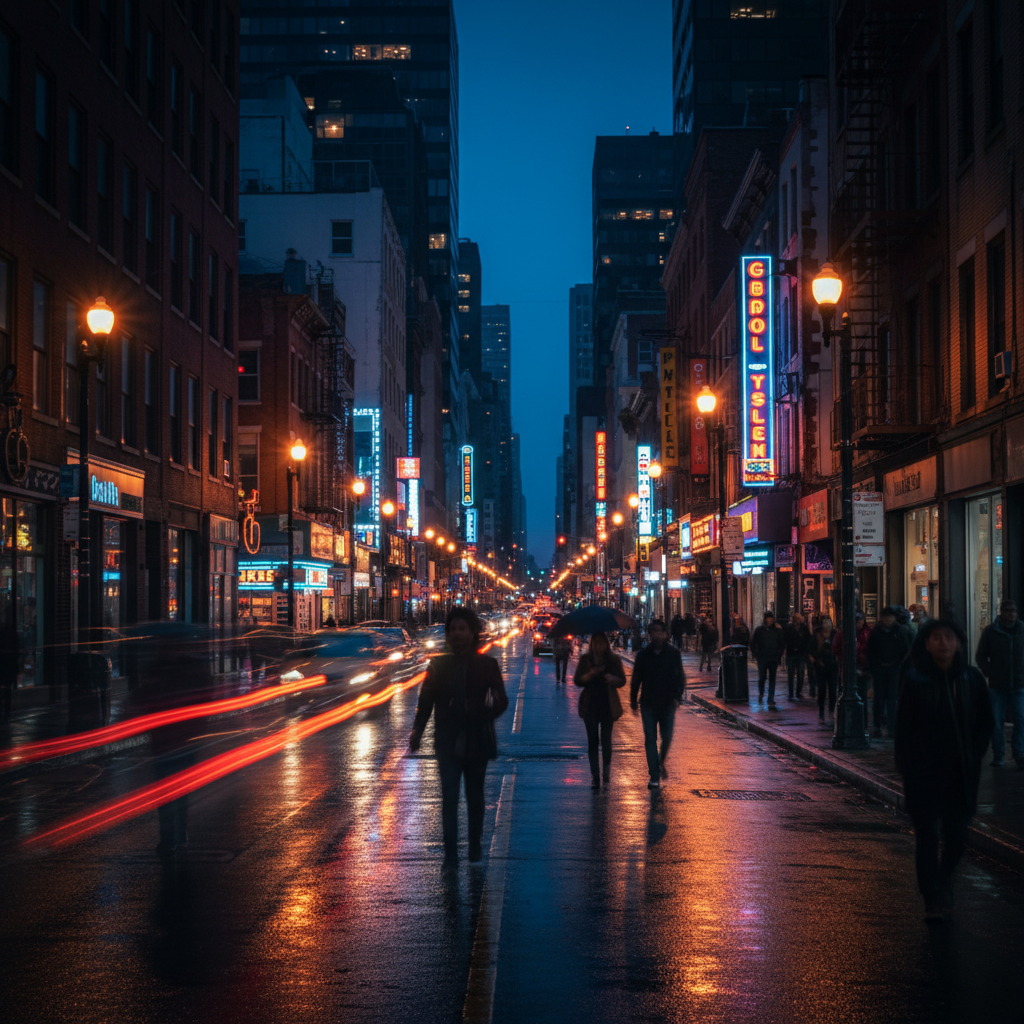 A stunning night mode photograph taken with a Google Pixel 10 Pro Fold. The scene is a city street at dusk, with streetlights and neon signs creating vibrant, well-exposed details. The image should convey excellent low-light performance with minimal noise and good dynamic range. Lifestyle photography, no text.