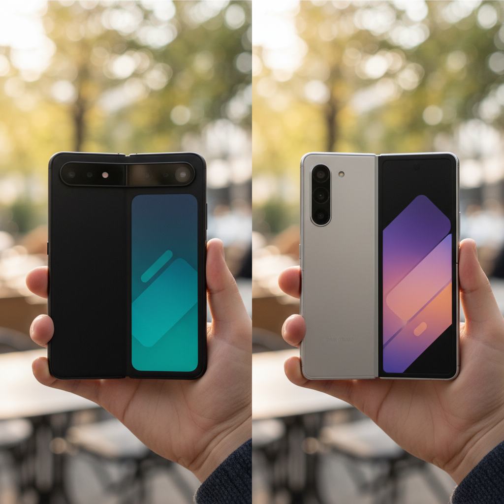 A side-by-side comparison of the Google Pixel 10 Pro Fold (left) and Samsung Galaxy Z Fold 7 (right) held in hands, showcasing their design differences and how they fit in the palm. The focus is on the sleekness and portability of both devices. Lifestyle photography with natural lighting, no text.