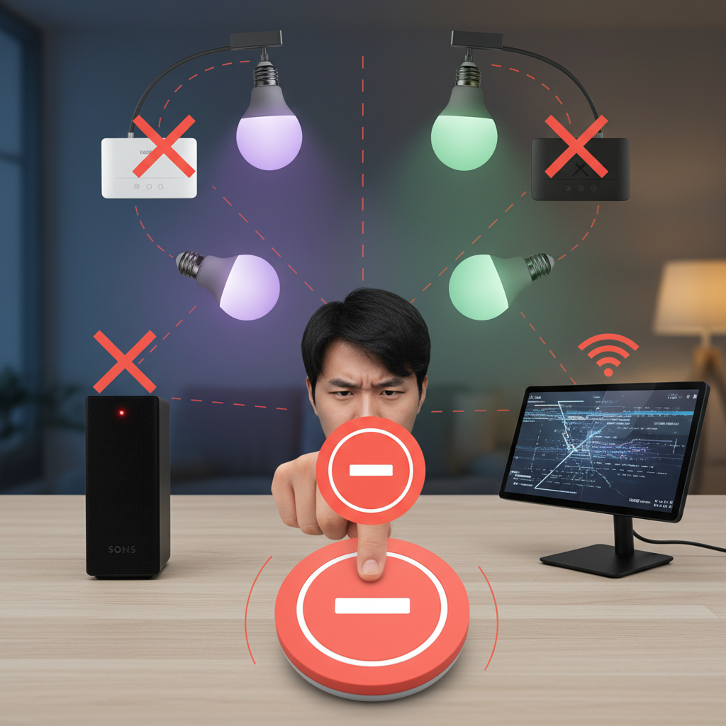 A Logitech Pop button with a 'stop' or 'offline' icon overlaid, surrounded by various smart home devices (Philips Hue lights, Sonos speaker) that are no longer responding. The scene depicts frustration or non-functionality. Style: clean infographic with a hint of lifestyle photography. No text. Korean person's hand interacting.