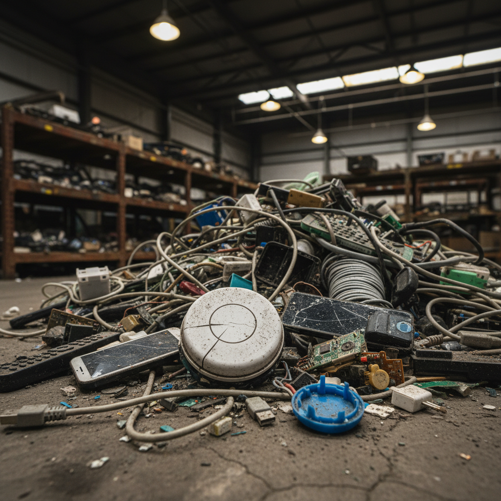 A Logitech Pop button looking broken or useless, placed among a pile of generic e-waste (discarded electronics, cables, small gadgets) in a dim, slightly industrial setting. Emphasize the concept of 'e-waste'. Style: documentary-like photography. No text.