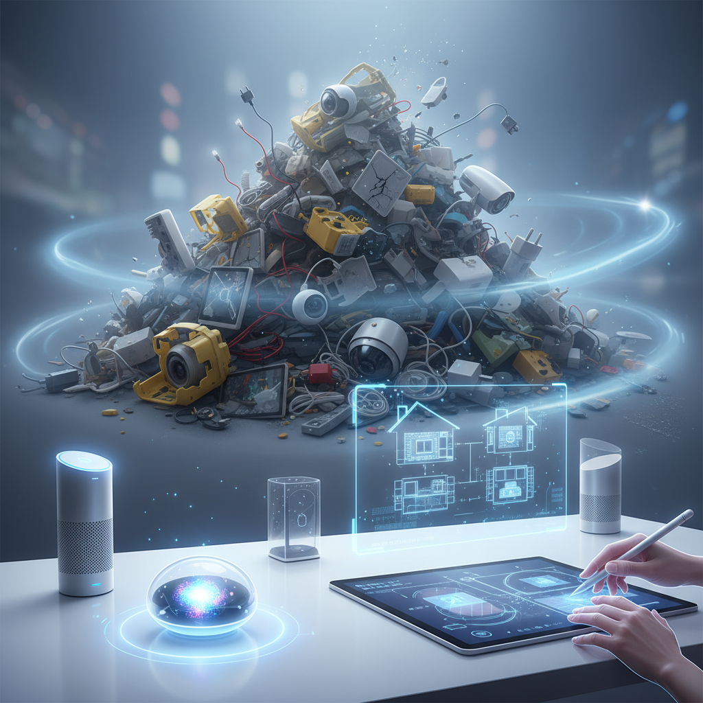 A metaphorical image showing a pile of discarded smart home gadgets (representing e-waste and discontinued products) fading into the background, while in the foreground, sleek, futuristic smart home devices are being developed or conceptualized. This illustrates the fast pace of technological change and obsolescence. Style: modern illustration with soft, futuristic lighting. No text.