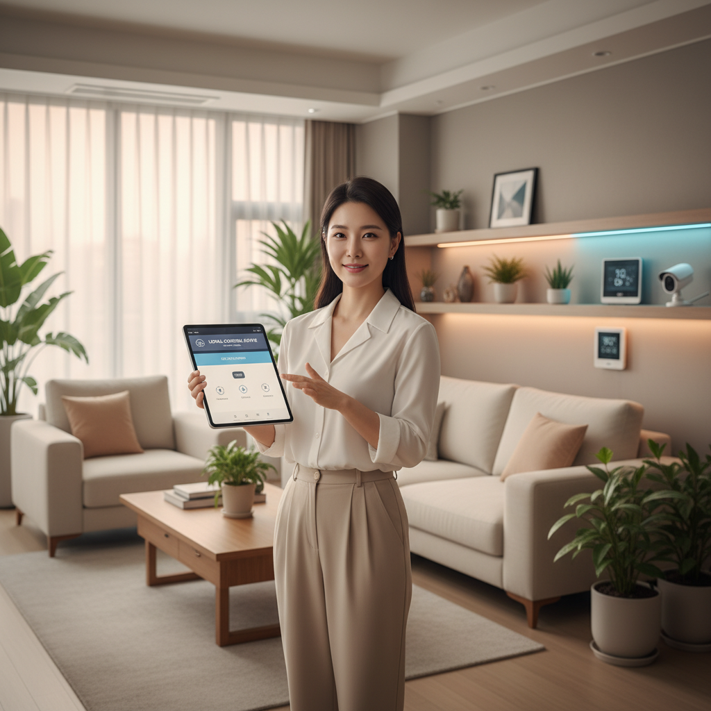 A Korean woman in her 30s confidently managing various smart home devices (lighting, thermostat, security camera) through a tablet or smart display that clearly indicates 'local control' or 'offline mode' is active. The scene is set in a modern, comfortable living room, emphasizing stability and user empowerment. Style: lifestyle photography with warm, natural light. No text.