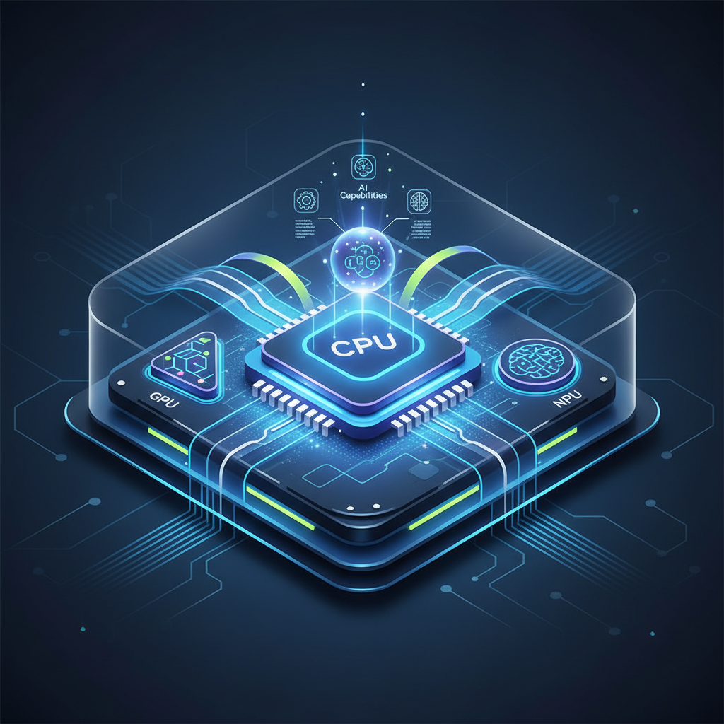 A modern, clean infographic illustrating a new, simplified laptop CPU architecture with integrated AI capabilities, showing different modules (CPU, GPU, NPU) working harmoniously. The overall design should convey efficiency and power. Style: clean infographic. No text.