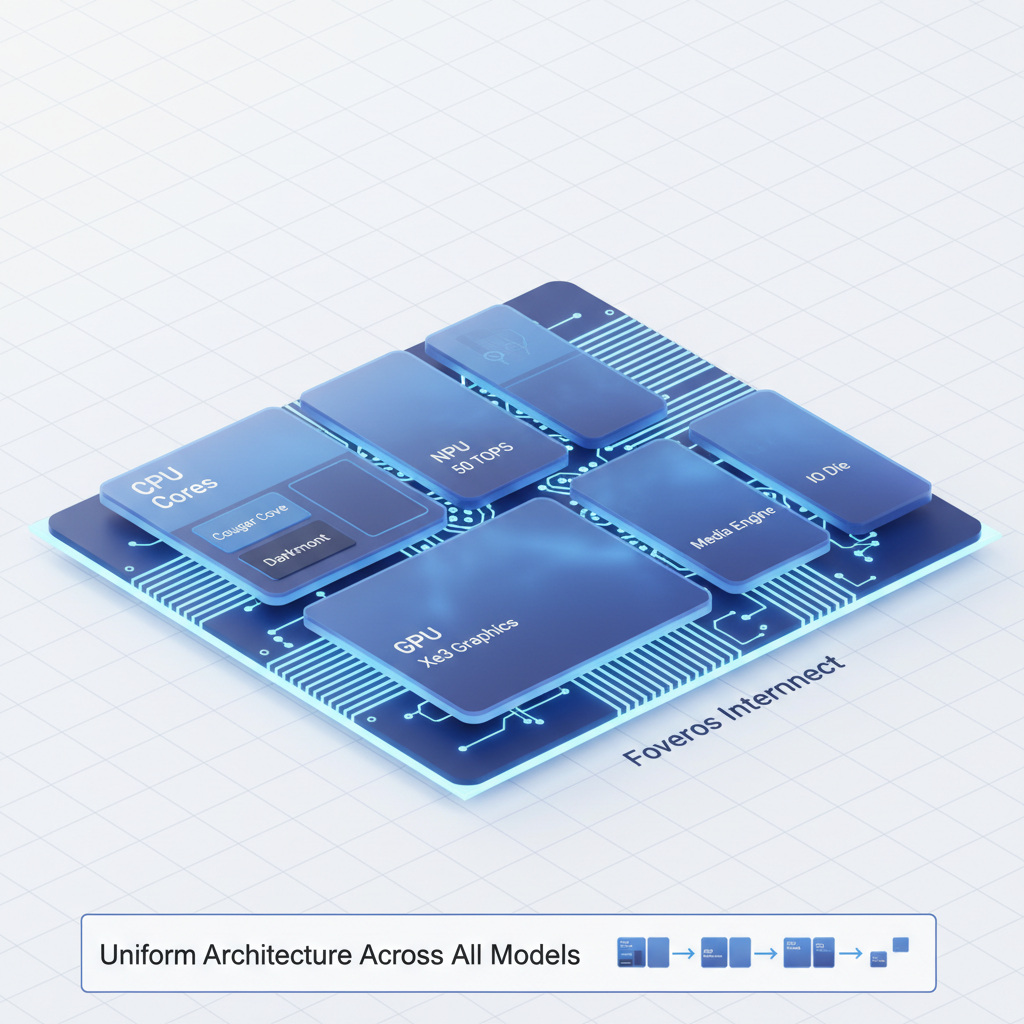 A detailed, clear infographic displaying the modular design of Intel's Panther Lake chip. Show various integrated tiles like CPU cores (Cougar Cove, Darkmont), NPU (50 TOPS), GPU (Xe3), and media engine, interconnected by Foveros technology. Emphasize uniformity across different models. Style: clean infographic. No text.