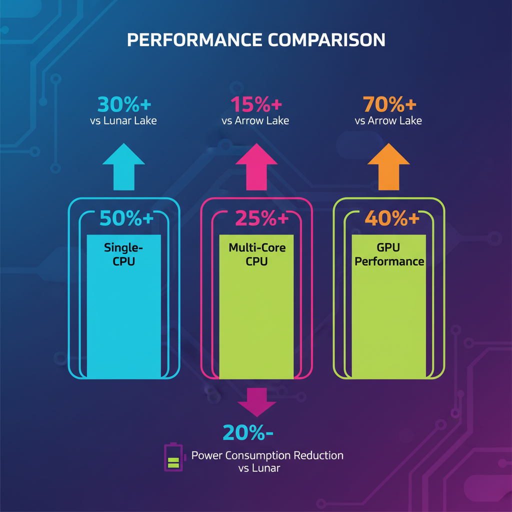 A dynamic infographic comparing the performance improvements of Panther Lake over previous generations (Lunar Lake, Arrow Lake). Show clear percentage increases for single-core CPU, multi-core CPU, and GPU performance, alongside significant power consumption reductions. Use vibrant colors and clear labels. Style: clean infographic. No text.