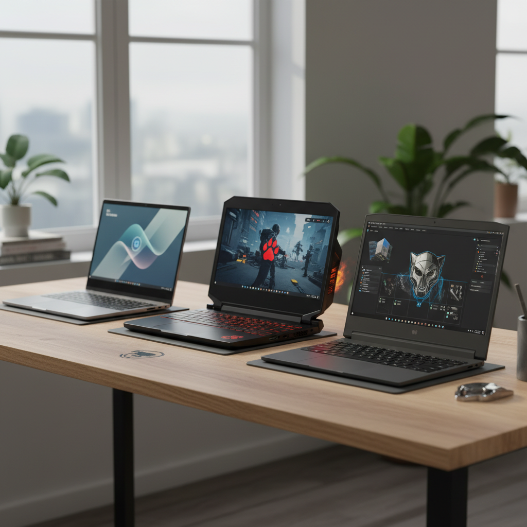 A lifestyle photograph showing three different types of laptops side-by-side: a sleek thin-and-light ultrabook, a powerful gaming laptop, and a professional workstation laptop. Each laptop subtly hints at the specific Panther Lake chip variant it might contain. Focus on clean lines and modern aesthetics. Style: lifestyle photography. No text.