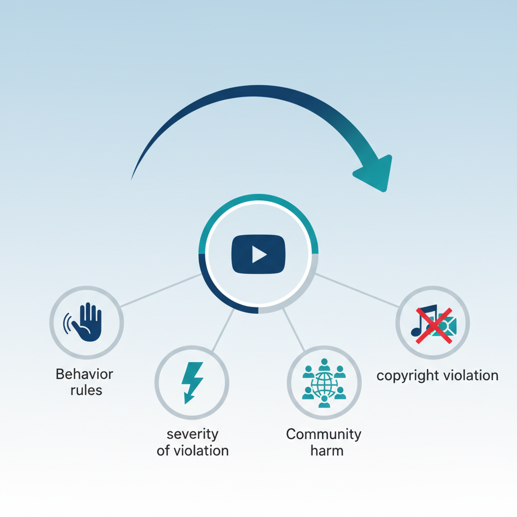 A stylized infographic showing various criteria for YouTube's "second chance" review process. Icons representing 'behavior rules', 'severity of violation', 'community harm', and a crossed-out 'copyright violation'. Clean, modern infographic style. No text.