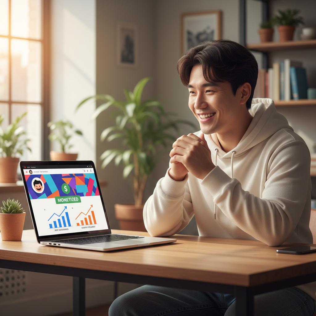 A Korean creator happily looking at a laptop screen showing a new YouTube channel with an active monetization status, alongside charts showing new subscribers and content uploads. Bright, optimistic lifestyle photography. No text.