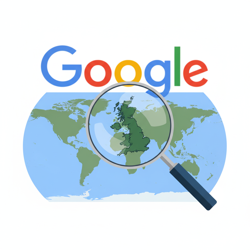 An illustration of a magnifying glass hovering over a world map, specifically highlighting the United Kingdom. In the background, there's a subtle Google logo. Style: clean infographic. No text.