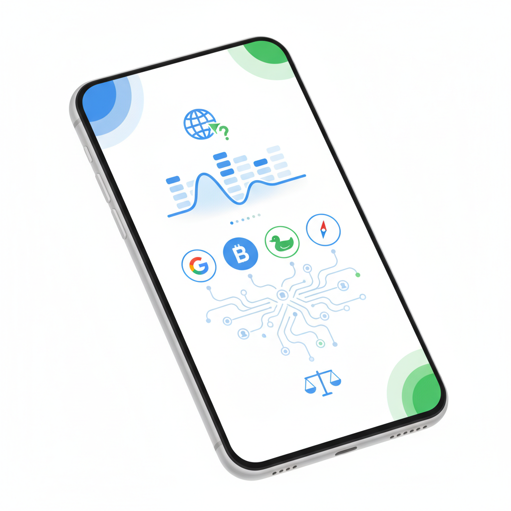 A smartphone screen showing a 'choice screen' where a user can select different search engines like Google, Bing, DuckDuckGo, etc., emphasizing fair competition. Style: clean infographic. No text.