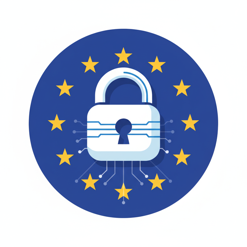 An illustration of a European Union flag with a digital padlock icon, symbolizing digital market regulation and antitrust efforts. Style: clean infographic. No text.