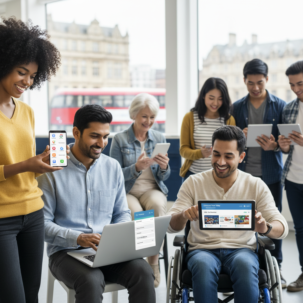 A diverse group of people in the UK happily using various digital devices (smartphones, laptops) and having options to choose different search engines or digital services, emphasizing empowerment and choice. Style: lifestyle photography. No text.