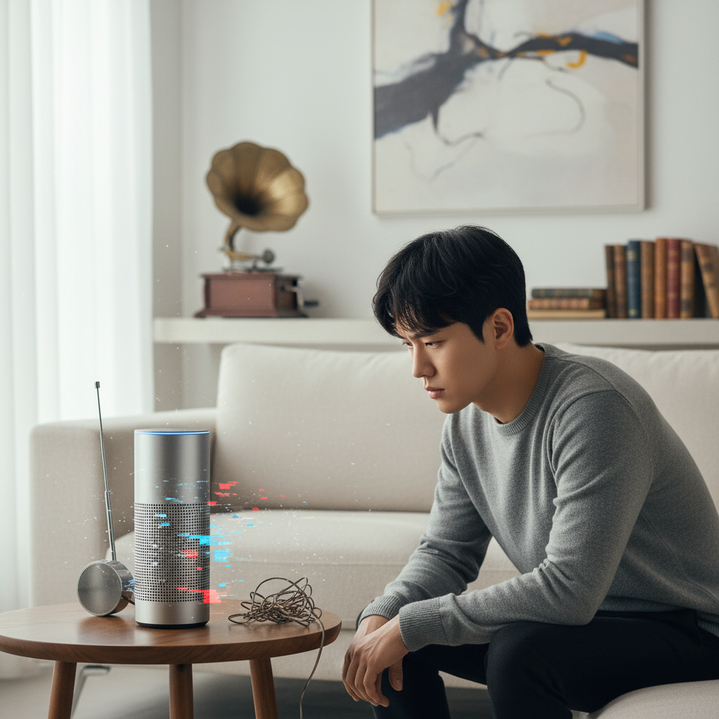 A thoughtful Korean person looking at a smart speaker that appears to be losing functionality, with subtle visual cues indicating a transition from "smart" to "dumb." The background shows a modern home environment. Style: lifestyle photography. No text.
