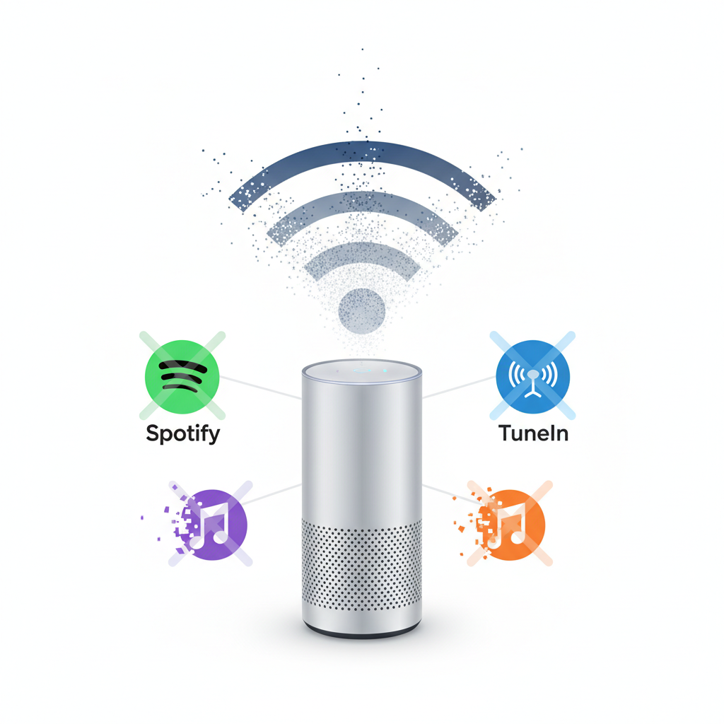 An infographic depicting a Wi-Fi symbol breaking apart or fading out over a smart speaker, surrounded by icons of music streaming services (Spotify, TuneIn) becoming inaccessible. Clean, minimalist design. No text.