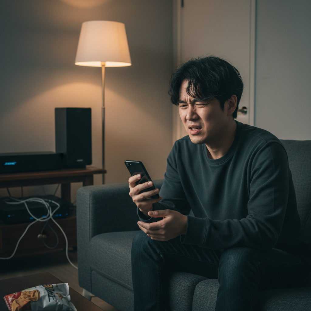 A Korean person looking frustrated while holding a remote control or smartphone, with a Bose SoundTouch speaker in the background. The atmosphere is slightly dim, conveying disappointment. Style: lifestyle photography. No text.