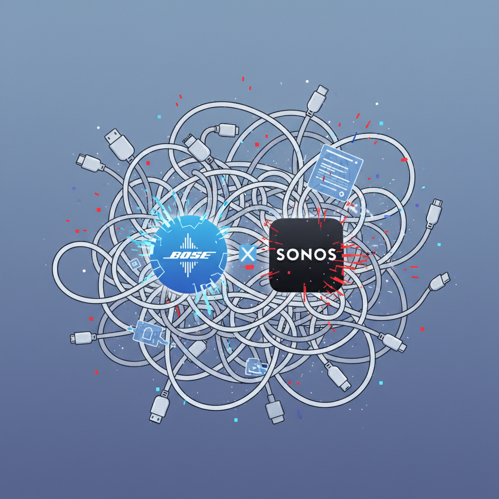 An illustration of tangled wires and incompatible app interfaces, symbolizing the complexity of getting older smart speakers to work with newer software. Two different app icons (representing Bose and Sonos) are shown struggling to connect. Style: clean infographic. No text.