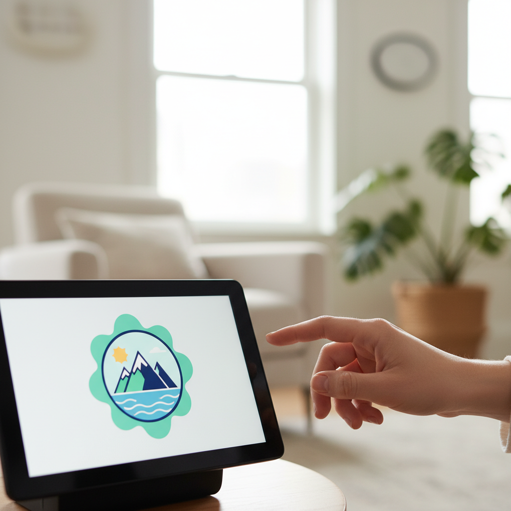 A close-up lifestyle photograph of an Amazon Echo Show smart display screen, showing a prominent advertisement for a product or service. The screen is illuminated, and a person's hand is subtly reaching towards it as if to swipe. The background is a modern living room setting. Natural light, clean aesthetic. No text in image.