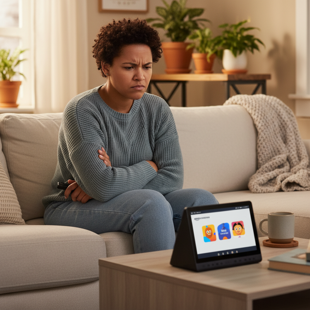 A lifestyle photograph of a person with a frustrated or annoyed expression, looking at an Amazon Echo Show smart display screen that is showing an advertisement. The person is sitting on a couch in a cozy home environment. Soft, ambient lighting. No text in image.