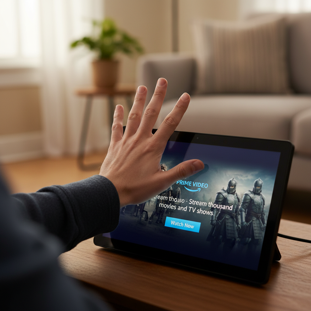 A close-up lifestyle photograph of a person's hand partially covering the screen of an Amazon Echo Show smart display, which is displaying an ad. The hand gesture suggests a desire to block or hide the ad. The background is slightly blurred to keep focus on the hand and screen. Soft indoor lighting. No text in image.