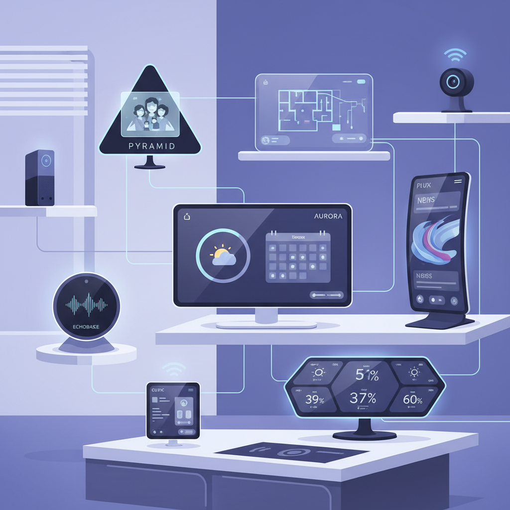 An infographic or illustrative scene showing a variety of smart displays from different brands, emphasizing user choice and the future of smart home technology. The displays are sleek and modern, arranged in a clean, high-tech setting. No text in image.