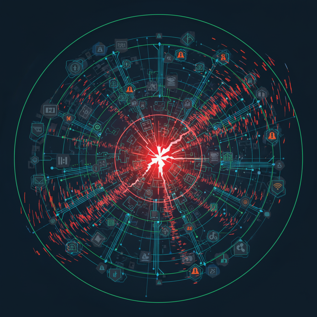 A complex digital illustration showing a network infrastructure with a red, glowing crack, symbolizing a zero-day vulnerability being exploited. Focus on network nodes and data packets with a sense of urgency. Style: clean infographic. No text.