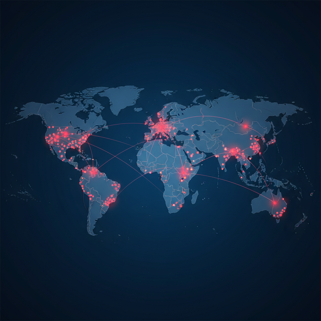 An infographic showing a world map with 2 million glowing red dots, each representing a vulnerable Cisco device exposed to the internet. Network lines connect the dots, highlighting the widespread risk. Style: clean infographic. No text.