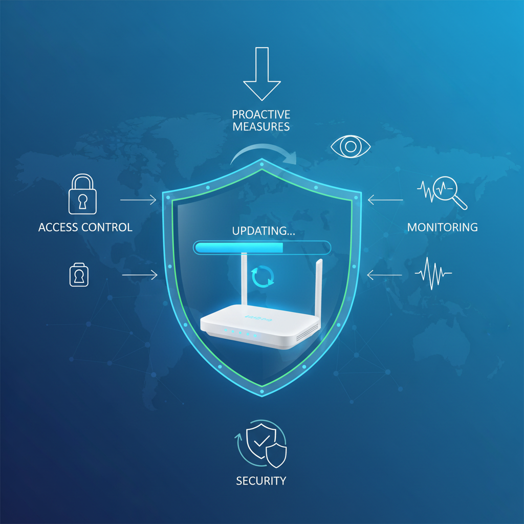 A digital shield protecting a network router, with an update progress bar. Surrounding icons represent access control and monitoring. Emphasize security and proactive measures. Style: clean infographic. No text.